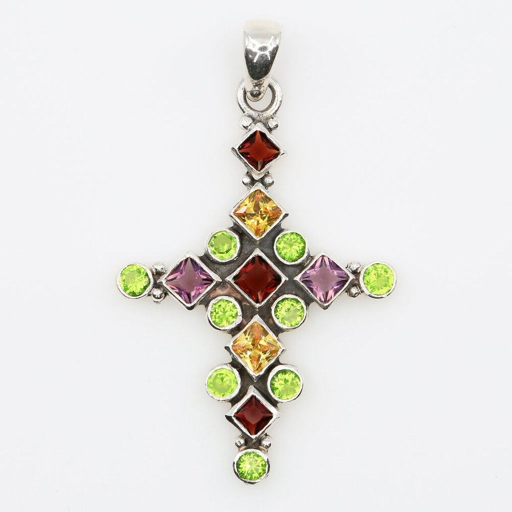 Vintage 925 Sterling Silver Bright Multicolor Rhinestone Latin Cross Pendant